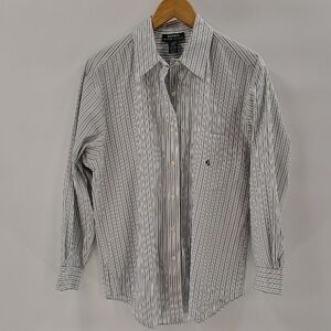 Lauren Ralph Lauren Button Up Blouse Size 12 Blue Stripe Cotton Collard Shirt
